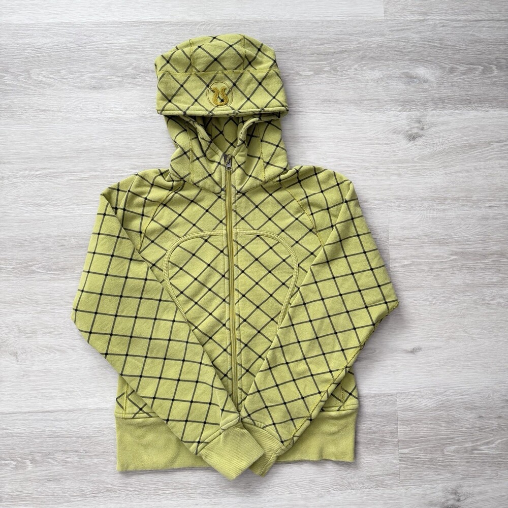 Lululemon LIMITED EDITION Scuba Hoodie Zip Up Lime Green Diamond Grid Size 10/12